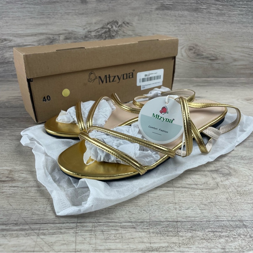 Women Flat Sandals Mtzyoa- Gold - Size US 9 Straps Gladiator New